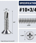 Number Ten By Three Quarter Phillips Flat Head Stainless Steel 410 Self Drilling Self Tapping Screws Heavy Duty Countersunk Fasteners dimensions and specifications.