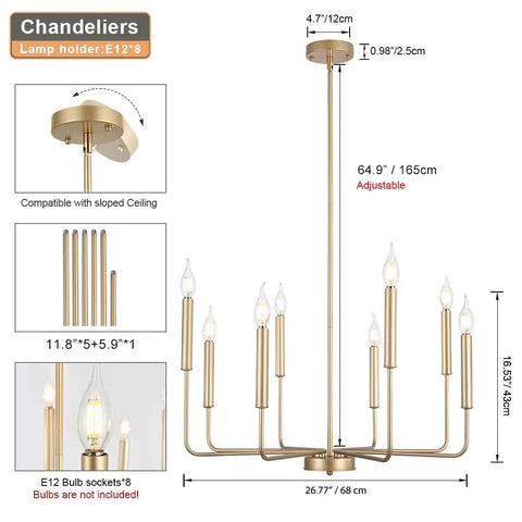 Dope Modern Farmhouse Gold 8 Light Rustic Candle Chandelier Industrial Hanging Light with E12 sockets and dimensions