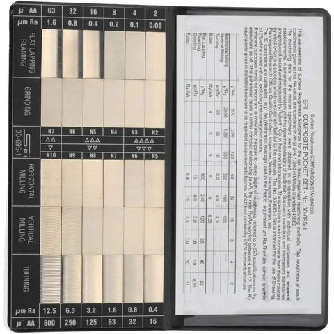 Nickel Surface Roughness Comparator Set Pro Machinist Grade 2 To 500 Ra Microinch Finish With 30 Electroformed Specimens For Flat Lapping Reaming Grinding Horizontal And Vertical Milling And Turning A Realistic Feel And Quality Check Tool., 7/8 in nickel comparator set for machining surface finish checks, open case