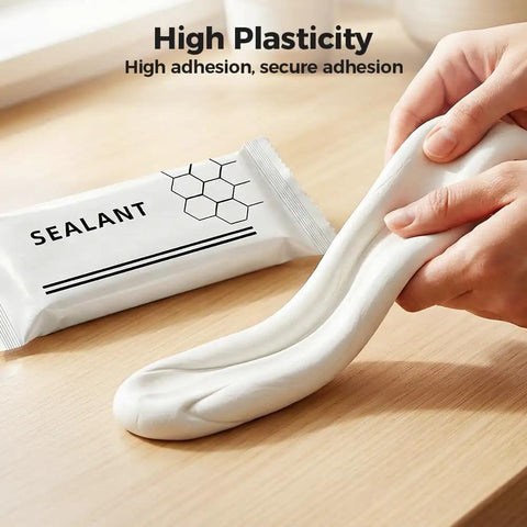 White Mastic Sealant Clay For Quick Duct Seals And Wall Crack Repairs, hands shaping putty next to package, all-purpose use.