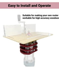 Stainless Steel Router Lift And Table Insert Plate Featuring Rock Solid Four Jaw Clamping Plus Quick Spin Crank Handle for woodworking.