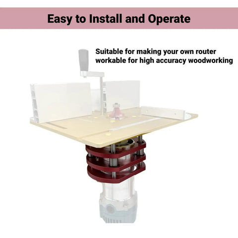 Stainless Steel Router Lift And Table Insert Plate Featuring Rock Solid Four Jaw Clamping Plus Quick Spin Crank Handle for woodworking.