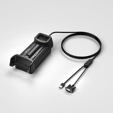 Rock Solid Wireless Barcode Scanner With Charging Stand, heavy duty charging dock with USB and serial cable for scanning device.
