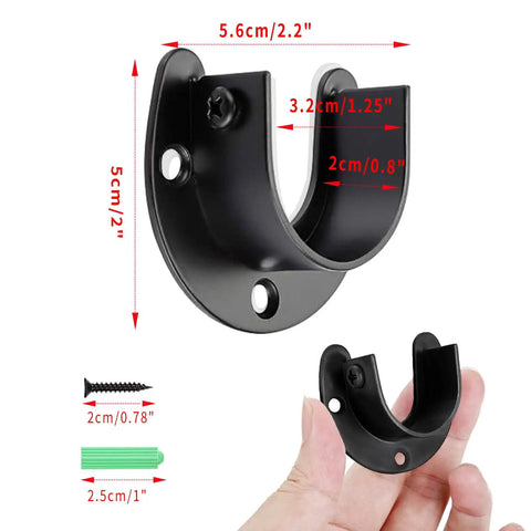 Built Tough Black Closet Rod Brackets 6 Pack Wall Mount Pole Holders For 1 1 4 Inch Curtain Poles, Matte black support bracket with dimensions.