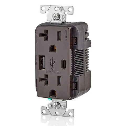 In Wall USB Charger With Type A And Type C Ports 20A Tamper Resistant Outlet Fast Charging For Phones And Tablets Built In Smart Chip Auto Adjusts Power Not For Laptops Brown Finish Home Upgrade, front view