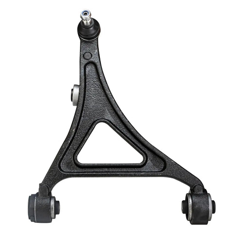 AWD Front Two Piece Lower Control Arms With Ball Joints For 2012 Through 2023 Chrysler 300, 2012 Through 2023 Dodge Charger, And 2017 Through 2023 Challenger Replacement Kit Drop In Ready To Install. Image shows a single lower control arm with ball joint, metal construction.