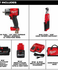 M18 Fuel Mid Torque Impact Wrench Paired With M12 Fuel High Speed Ratchet Two Piece Combo Kit Featuring RedLithium Xc50 Battery cordless tools in contractor bag.