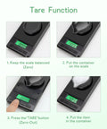 Pro Grade Ultra Precision Digital Scale 50g Capacity With 0.001g Readout Includes 50g Calibration Weight And Accessories shown with tare function steps