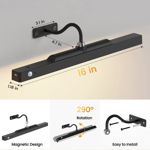Dope Motion Sensor Picture Light For Wall Art, 16 Inch Wireless Dimmable Gallery Light, black, with magnetic design and installation guide.