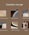 Heavy Duty Airtight Ceramic Kitchen Jar With Tight Seal For Fresh Rice Grains Coffee Beans Candy Snacks Solid Hella Spacious 20Kg Dry Food Storage Container featuring a handmade rattan pattern and sealing ring design.