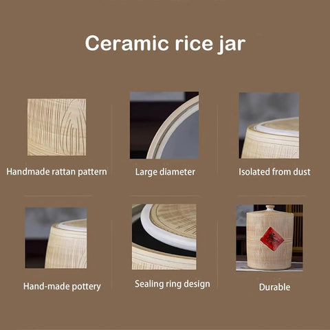 Heavy Duty Airtight Ceramic Kitchen Jar With Tight Seal For Fresh Rice Grains Coffee Beans Candy Snacks Solid Hella Spacious 20Kg Dry Food Storage Container featuring a handmade rattan pattern and sealing ring design.