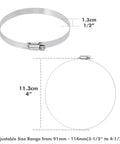 Stainless steel worm-gear hose clamp, shown in front and side views; 4-inch diameter, adjustable 91–114 mm.