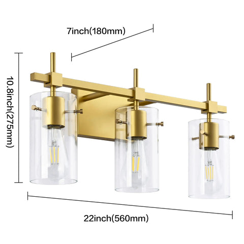 Gold Three Light Bathroom Vanity Fixture Set For Mirror And Wall Sconce, A Snap To Install In 15 Minutes, with clear globe shades