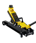 Floor jack, yellow and black, VEVOR 2.5-ton low-profile steel jack with single-piston lift pump, side view.