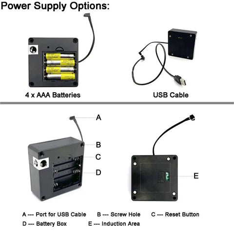 RFID Cabinet Lock Set Two Pack Hidden DIY USB Cable Locks showing power supply options with AAA batteries and USB cable.