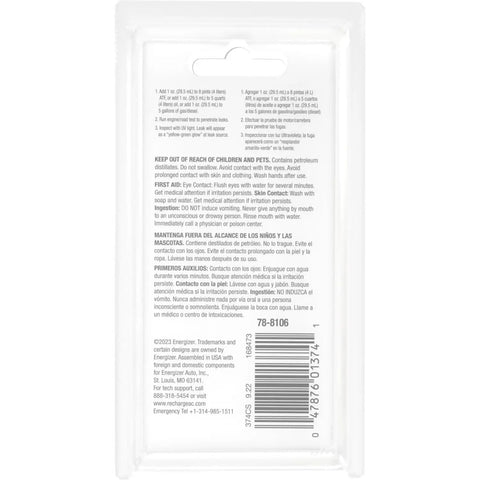 Back view of Oil And Fuel System UV Dye Leak Detection packaging with instructions and barcode visible.