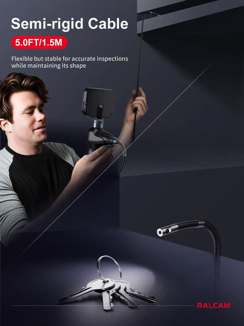 360 Degree Articulating Borescope With Dual Front And Side Lenses, 4 Way Joystick Control, Narrow 0.25 Inch Slim Probe For Tight Spaces, Pro Grade Dual View Diagnostics For Automotive, Plumbing, And Industrial Inspection. Semi-rigid cable 5 ft/1.5 m borescope probe