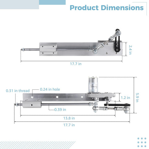 Reciprocating Linear Actuator For Quick Smooth Motion And A True Workhorse For Your DIY Projects DC 24V 120 RPM Adjustable Stroke 1.18 To 5.9 Inches Up To 40 Lbs Thrust With Power Control Adapter, side view with dimensions