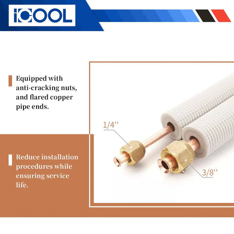 Close-up of 25 Foot Twin Copper Line Set For Mini Split AC And HVAC One Quarter Inch And Three Eighths Inch Outer Diameter Copper Tubing with nuts.