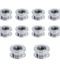 Ten GT2 Idler Pulley 20 Teeth 5mm Bore 6mm Wide Aluminum For 3D Printer Timing Belt System displayed on white background