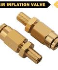 Two brass 1/4" Schrader inflation valves with push-to-connect fittings for 1/4" OD air line tubing.