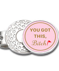 Cute Pink Golf Ball Marker Hat Clip For Women Gals Golf Accessory Fashionable Ball Marker Clip For Visors Hats Belts Pockets And More A Fun Gift For Valentine Easter Birthdays And Just Because, showing motivational text, stainless steel clip and pink marker.