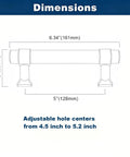 Dimensions of 10 Pack Clear Acrylic Cabinet Pulls With Antique Brass Hardware, showing 5 inch center-to-center and 6.34 inch total length.