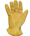 Rough Rider Gold Premium Leather Driver Gloves 12 Pack Medium with leather pull strap visible from palm side.