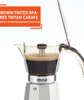 Heavy Duty Cast Aluminum Electric Espresso Maker Brews Three Or Six Cups with brown tinted Tritan carafe for brewing monitoring.