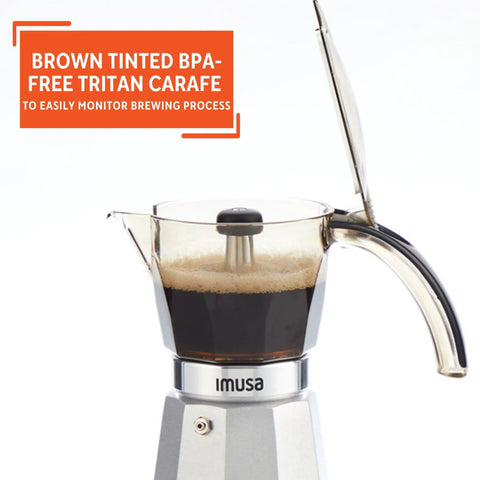 Heavy Duty Cast Aluminum Electric Espresso Maker Brews Three Or Six Cups with brown tinted Tritan carafe for brewing monitoring.