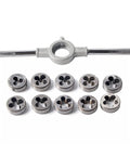 Solid 11 Piece Screw Thread Tap Die Set With Precision CNC Machined Tools Made For Heavy Duty Mechanical Jobs And Hard Steel Cutting Up To 60 Hrc High Performance Hand Tool Kit Including Quick Grip 25mm Wrench. Metric tap die set with M6-M12 dies and wrench