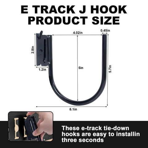 Heavy Duty 4 Inch E Track J Hooks 10 Pack For Trailers And Vans Carbon Steel With Zinc Coating 500 Lbs Working Load 1400 Lbs Break Strength Fits Enclosed Trailers And E Track Systems, size diagram