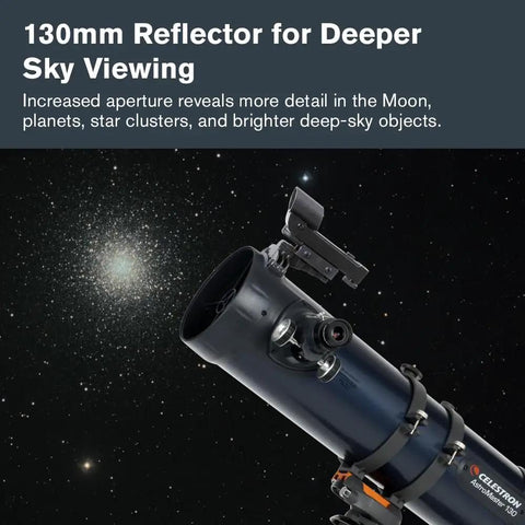 AstroMaster 130EQ-MD Newtonian Reflector Telescope Starter Kit with starry sky, German equatorial mount, and motorized drive visible.