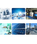 Collage of industrial and scientific applications, including aerospace, lab research, and renewable energy sectors.