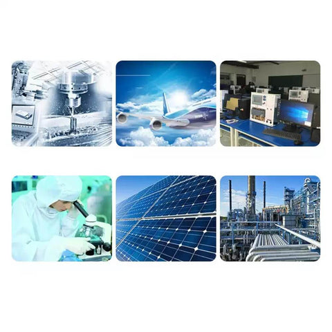 Collage of industrial and scientific applications, including aerospace, lab research, and renewable energy sectors.