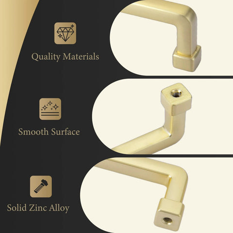 Three views of Gold 5 Inch Square Cabinet Handles 6 Pack Zinc Alloy Drawer Pulls showing quality material and smooth surface.