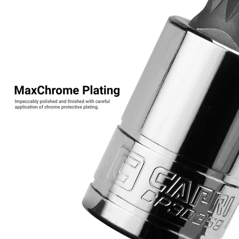 Tall chrome socket showing Capri branding on the XZN Triple Square Bit Socket Set 14-Piece Master Kit For Pros.