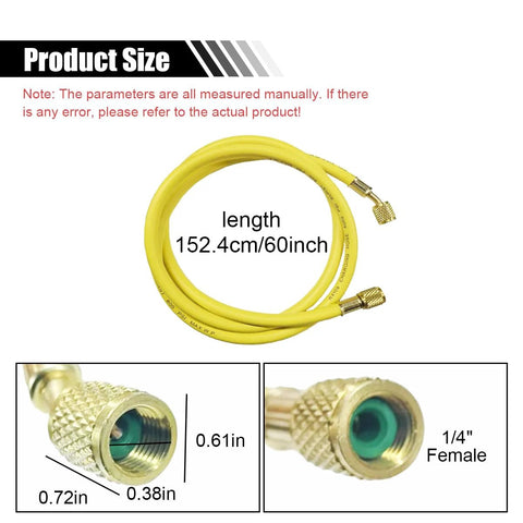AC refrigerant charging hose, 60-inch, 800 PSI, yellow with 1/4-inch SAE flare brass fittings (front and close-up views).