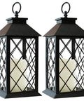 Pair of black finished vintage 13.5 inch lanterns with LED pillar candles, ideal for outdoor hanging or tabletop use, waterproof.