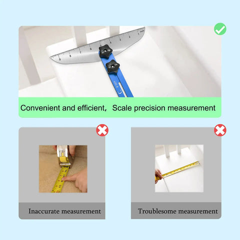 Illustration showing Stair Treads Gauge Template Tool Adjustable Staircase Jig With Measuring Set No Tape Measure Needed and its usage.