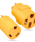 Road Trip Ready NEMA L14-30P To 14-50R And Tt-30R Rv Generator Adapter Kit With 30 Amp Twist Lock Connector For Campers Trailers EV Chargers And Tesla Level 2 Power Setup, featuring two yellow plugs.