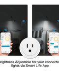 Smart WiFi Dimmer Plug With 2.4 GHz Connectivity allowing light adjustment via smartphone app, displayed on phone screen.
