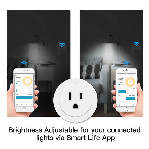 Smart WiFi Dimmer Plug With 2.4 GHz Connectivity allowing light adjustment via smartphone app, displayed on phone screen.