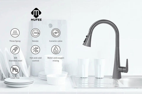 High Arc Single Handle Kitchen Faucet With Pull Down Sprayer in Matte Gray Stainless Steel Commercial Grade in modern kitchen