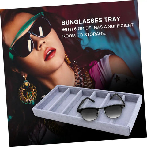Straight Up Neat And Quick To Organize With This Six Grid Sunglasses Tray showcasing six compartments in soft fabric, perfect for organizing eyewear.