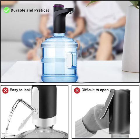 Portable Water Dispenser For 5 Gallon Jugs With 600ml Measured Pour Pump USB Powered Two Color Indicator Light on a table