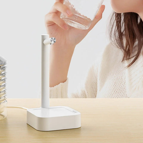 Woman using Desktop Water Bottle Dispenser with 7 Stage Adjustable Pump and Anti Slip Base for Easy Hydration at home