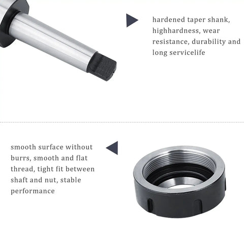 Close-up of 3-26Mm Morse Taper Collet Chuck Holder Carbon Steel, showcasing tapered shank and smooth surface nut for precision milling.