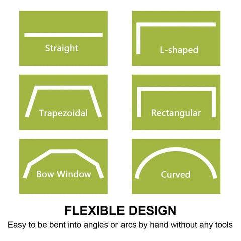 Flexible Ceiling Curtain Track System For Ceiling Mounted Sliding Rail Made For Quick No Sweat Install 8ft Track With All Hardware Cut To Size With Hacksaw Heavy Duty Metal Plate For Strong Lateral Support And Smooth Quiet Curtain Movement. Flexible design for straight, L-shaped, trapezoidal, rectangular, bow window, and curved installs