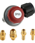 Front view of 0-20 PSI propane regulator with red dial and black knob, plus four brass adapters.